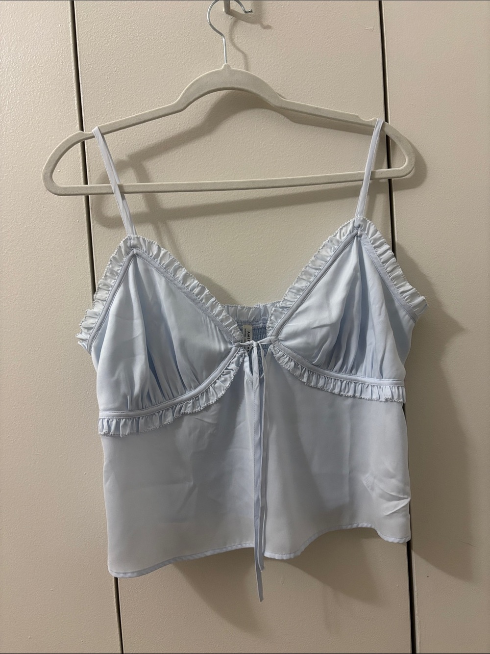 American Eagle Pale Blue Satin Ruffle Tie Cami